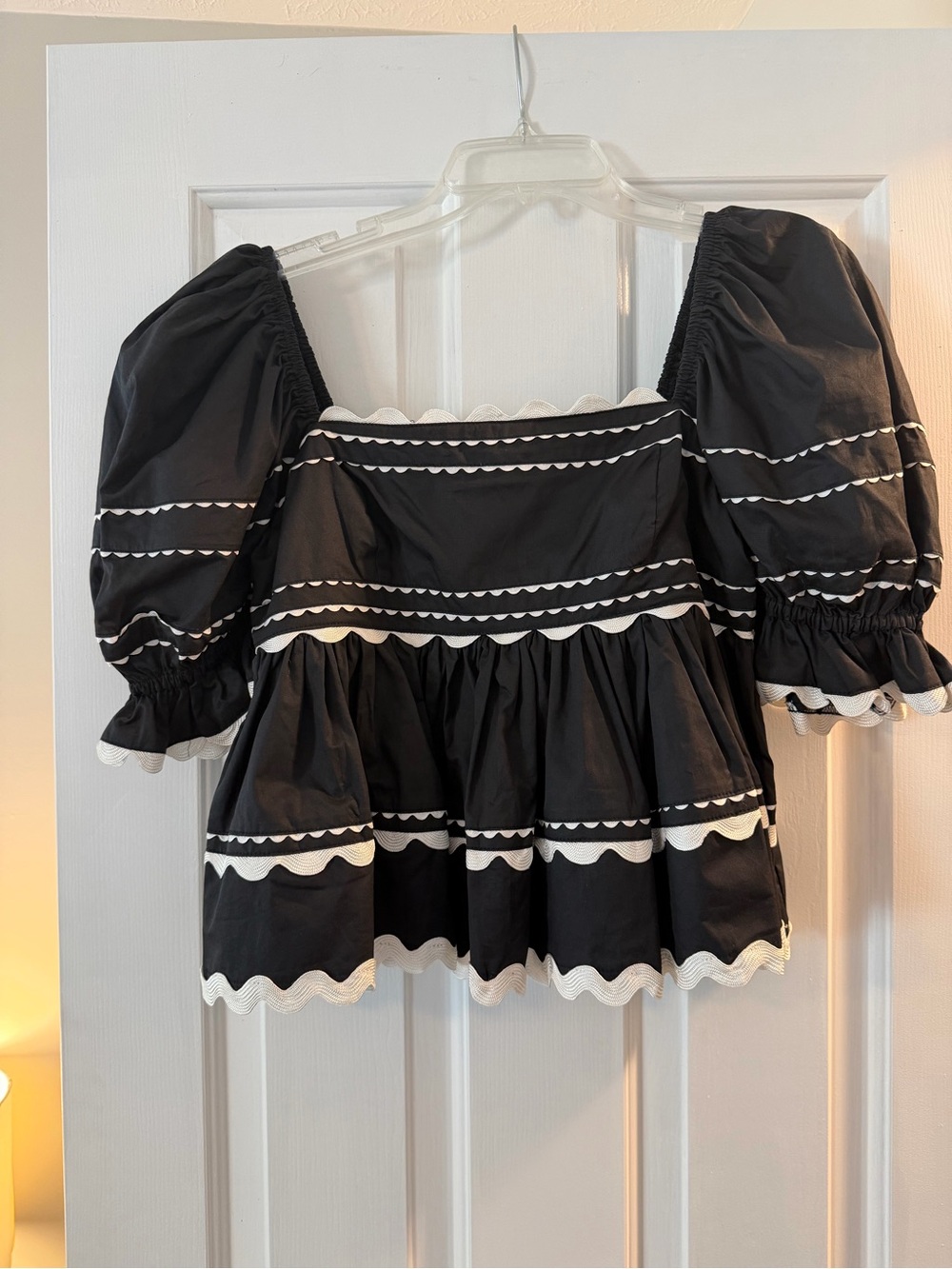 Black Puff Sleeve Crop Top with White Trim